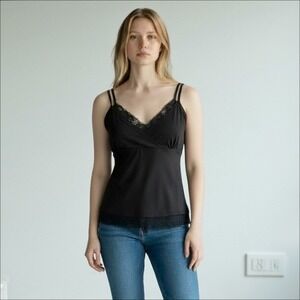 SO Real Black Lace Trim Cami‎ Top Double Strap Babydoll Y2K Fairy Sz. M L
